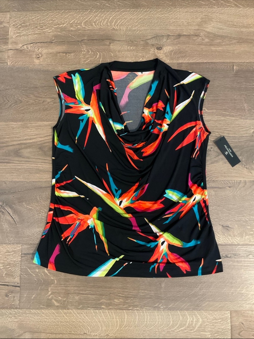Worthington Woman black, neon tropical print sleeveless top, 1X, NWT!